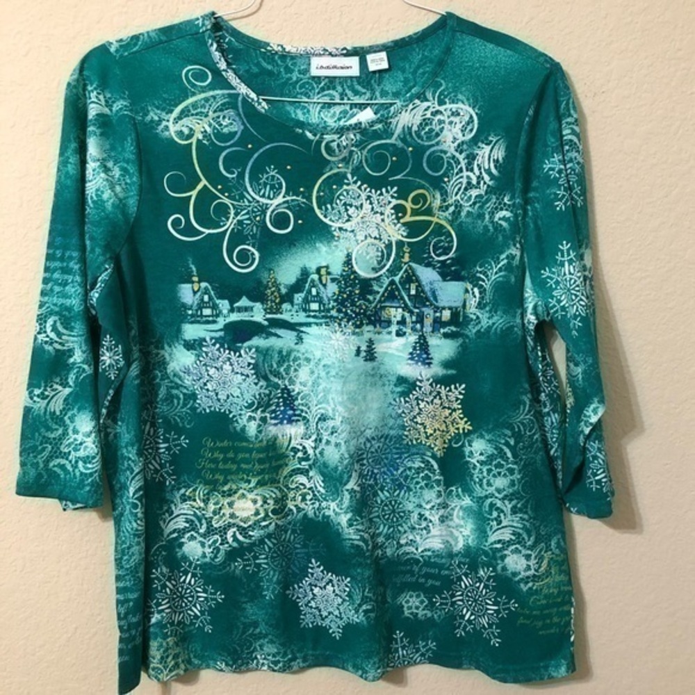 I.b.diffusion Top Green Holiday Christmas Graphic Long Sleeve Shirt Plus Size